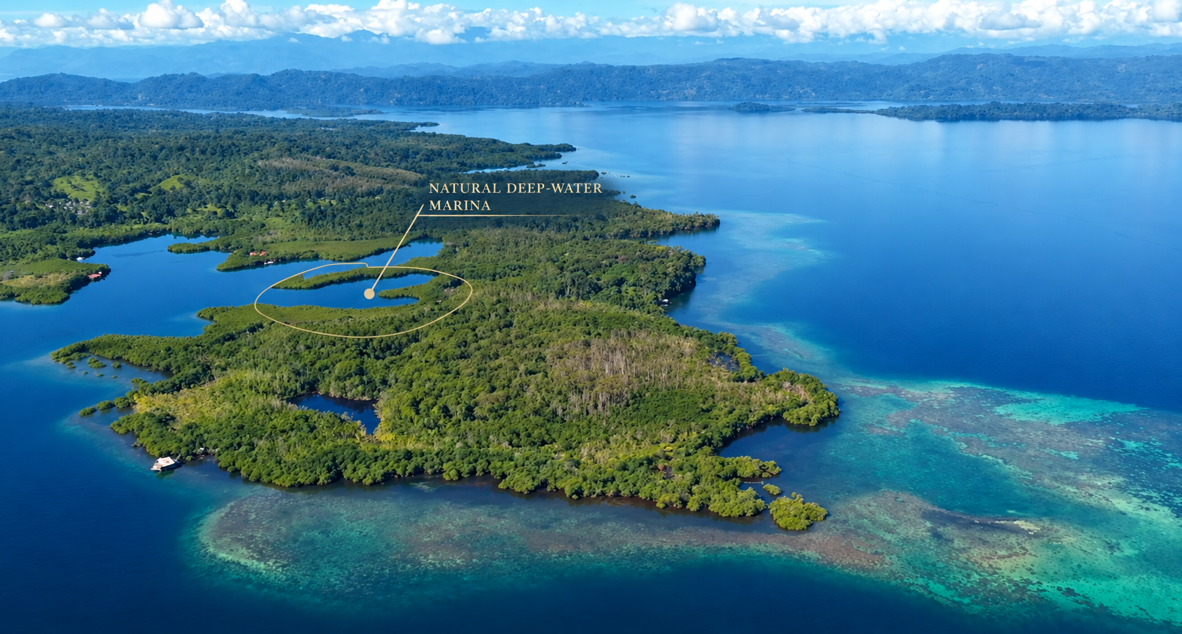 Aerial view of the natural deep-water marina site on the Tai Nuare peninsula